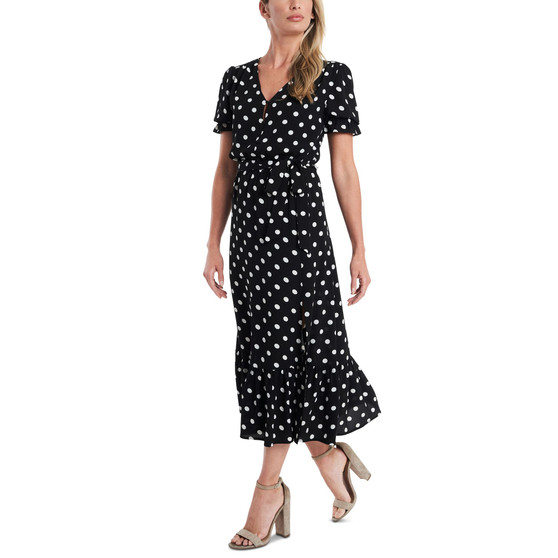 Women's Short Sleeve Polka-Dot Tie-Waist Midi Dress