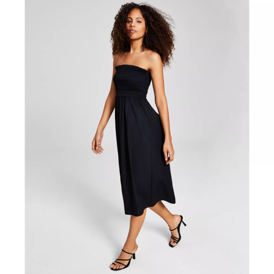 Women's Cotton Smocked Strapless Midi Dress