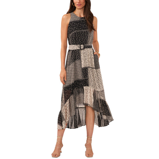 Women's Sleeveless Printed Belted High-Low Dress