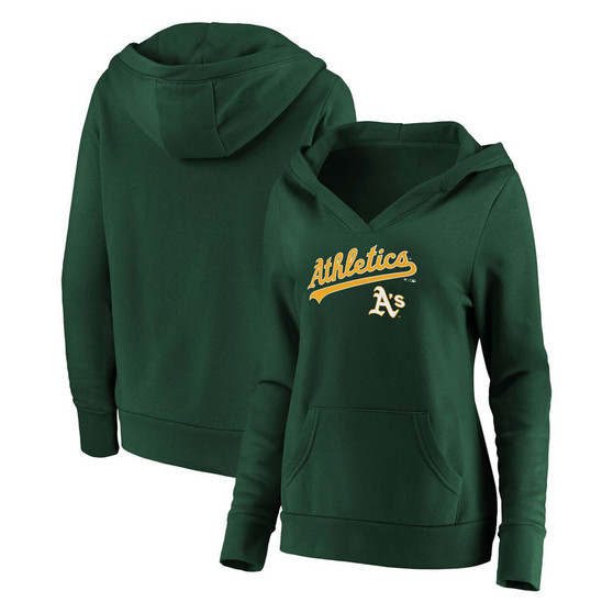Women's Green Oakland Athletics Core Team Lockup V-Neck Pullover Hoodie