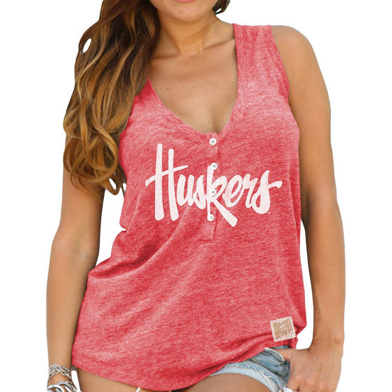 Women's Scarlet Nebraska Huskers Relaxed Henley V-Neck Tank Top