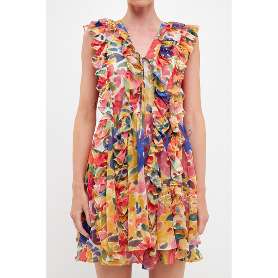 Women's Multi Pop Floral Chiffon Ruffled Mini Dress