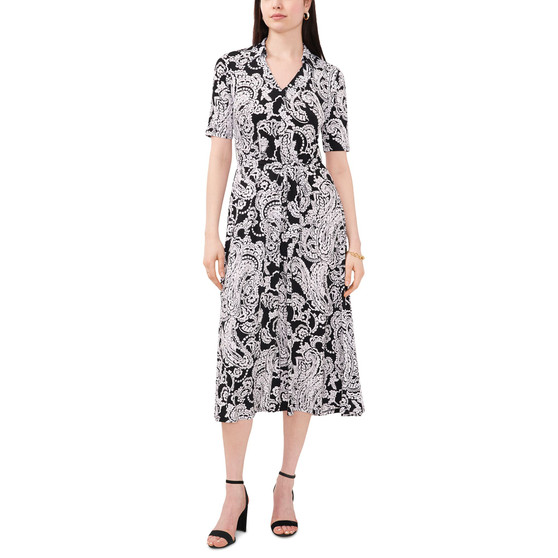 Women's Collared V-Neck Belted Paisley Midi Dress