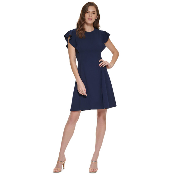 Women's Flutter-Sleeve Seamed Fit & Flare Dress