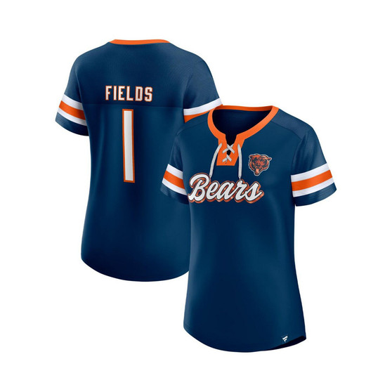 Women's Branded Justin Fields Navy Chicago Bears Athena Name and Number Notch Neck T-shirt