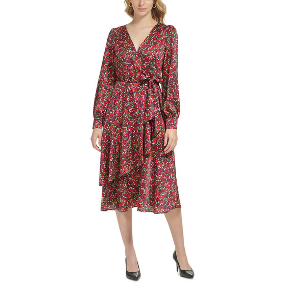 Women's Puffed-Shoulder Faux-Wrap Dress