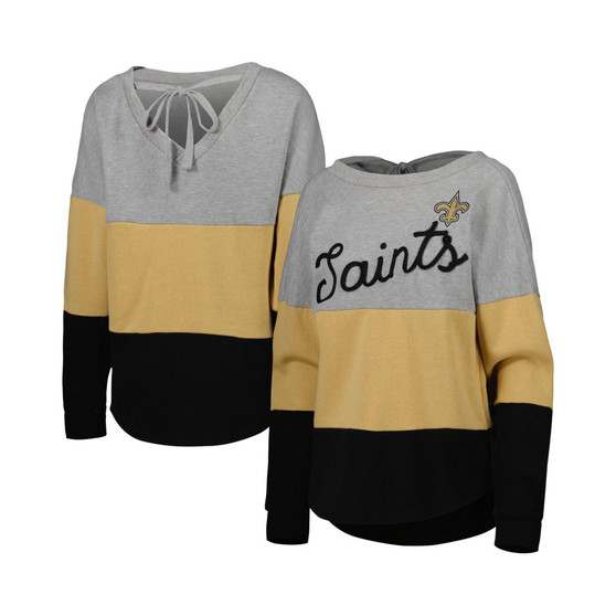 Women's Heather Gray, Black New Orleans Saints Outfield Deep V-Back Waist Length Pullover Sweatshirt