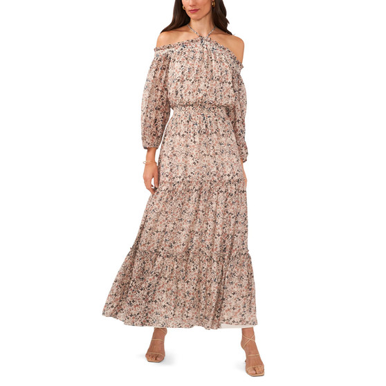 Women's Cold Shoulder Halter Smocked-Waist Maxi Dress