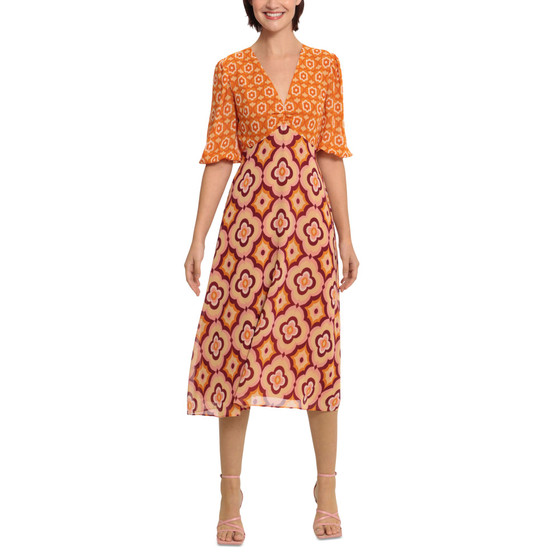 Women's Mixed-Print Elbow-Sleeve Midi Dress