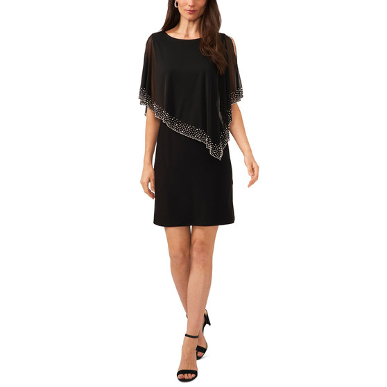 Women's Short-Sleeve Overlay Beaded Cape Dress