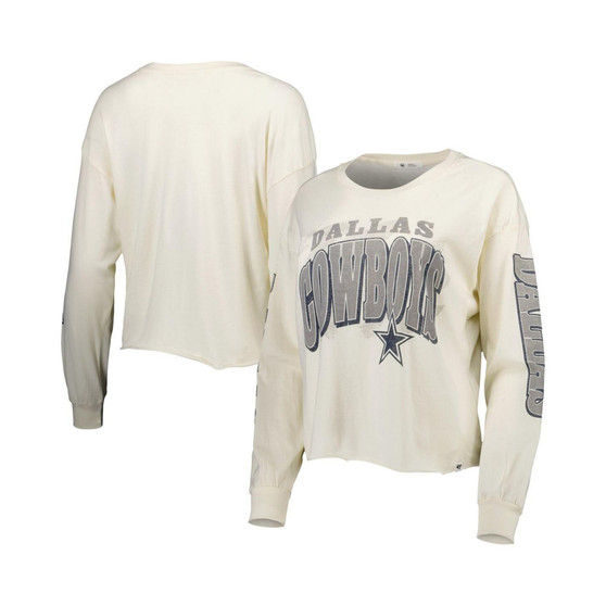 Women's Cream Dallas Cowboys Brush Back Parkway Cropped Lightweight Long Sleeve T-shirt