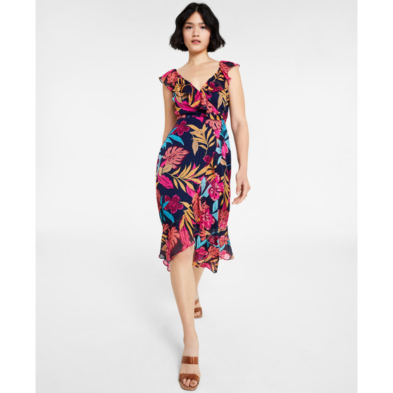 Women's Ruffled Metallic-Stripe Floral Midi Dress