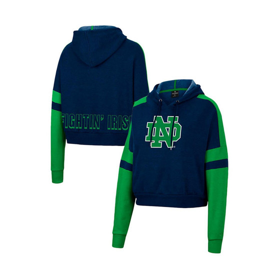 Women's Heather Navy Notre Dame Fighting Irish Throwback Stripe Arch Logo Cropped Pullover Hoodie