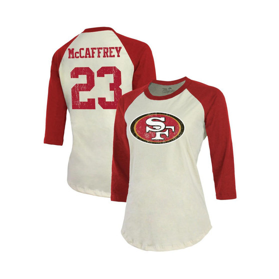Women's Threads Christian McCaffrey Cream, Scarlet San Francisco 49ers Player Name and Number Raglan 3/4 Sleeve T-shirt
