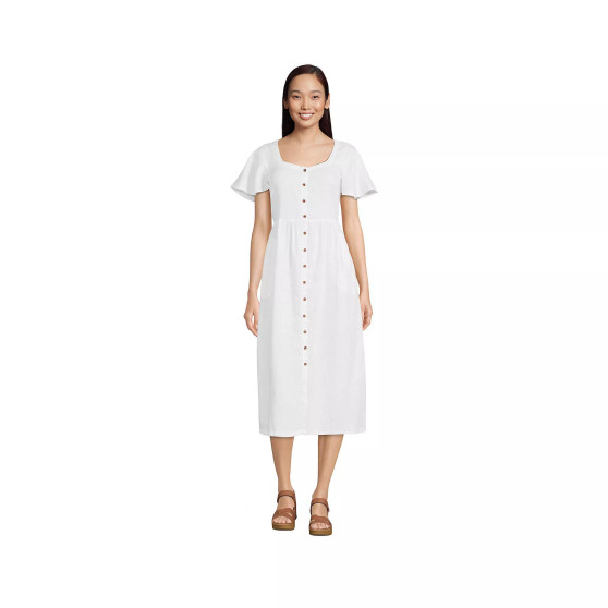 Women's Linen Sweetheart Button Front Midi Dress