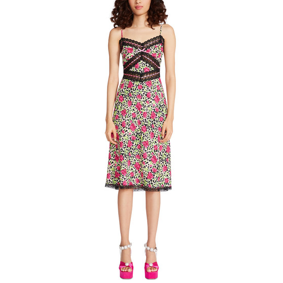 Women's Floral-Print Lace-Trimmed Tie-Waist Midi Dress