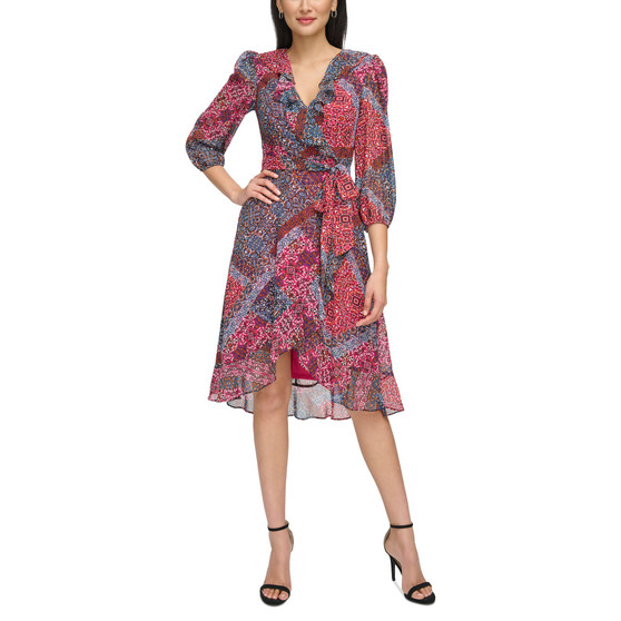 Women's Printed Ruffled Faux-Wrap Dress