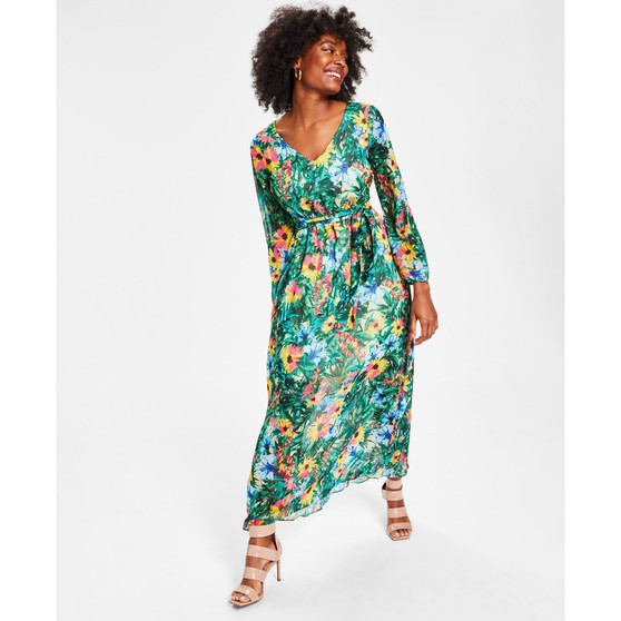 Women's Floral-Print Long-Sleeve V-Neck Maxi Dress, Created for Macy's