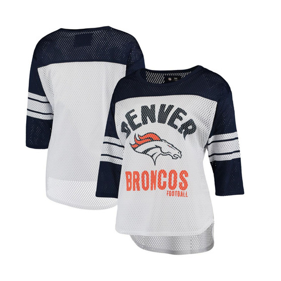 Women's White, Navy Denver Broncos First Team Three-Quarter Sleeve Mesh T-shirt