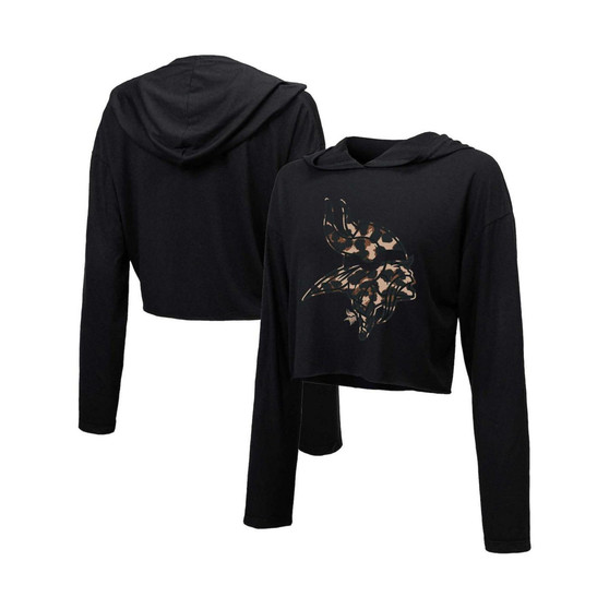 Women's Threads Black Minnesota Vikings Leopard Cropped Pullover Hoodie