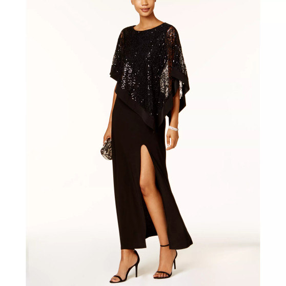 Sequined Lace Cape Gown