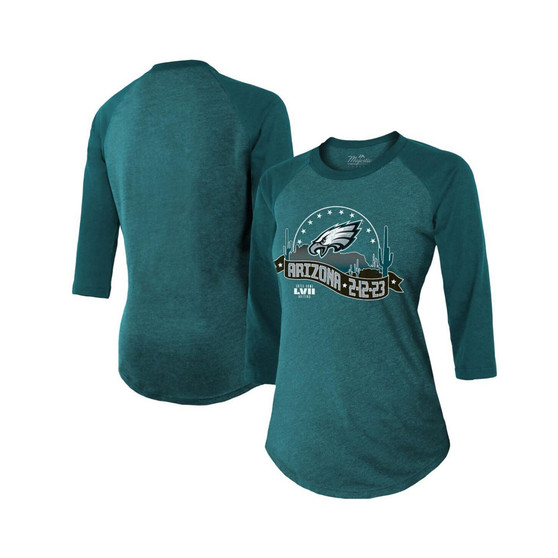 Women's Threads Midnight Green Philadelphia Eagles Super Bowl LVII Desert Tri-Blend Raglan 3/4 Sleeve T-shirt