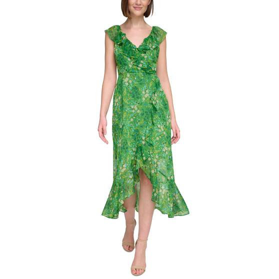 Women's Printed Ruffle-Front Sleeveless Midi Dress