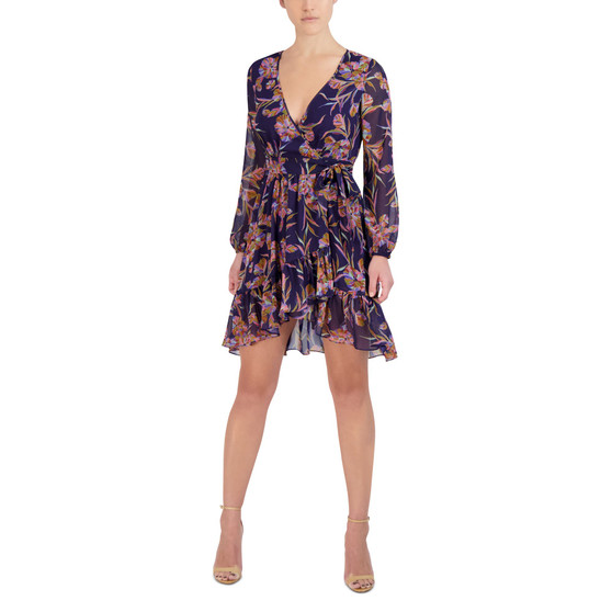 Women's Floral-Print Sheer-Sleeve Mini Wrap Dress