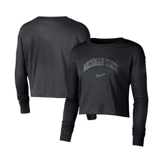 Women's Black Michigan State Spartans 2-Hit Cropped Long Sleeve Logo T-shirt