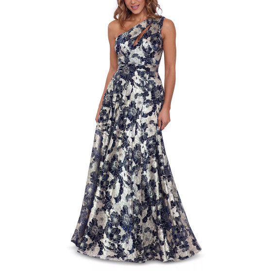 Metallic-Floral One-Shoulder Gown