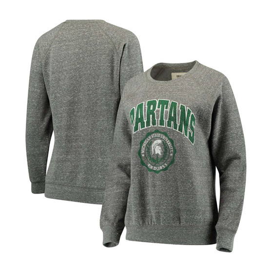 Women's Heathered Gray Michigan State Spartans Edith Vintage-Like Knobi Pullover Sweatshirt