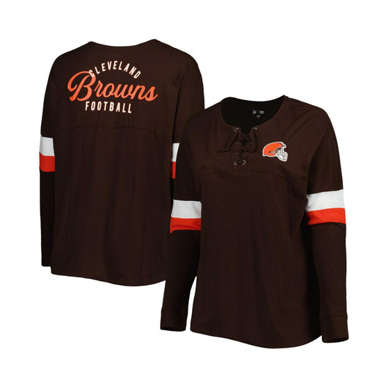 Women's Brown Cleveland Browns Plus Size Athletic Varsity Lace-Up V-Neck Long Sleeve T-shirt