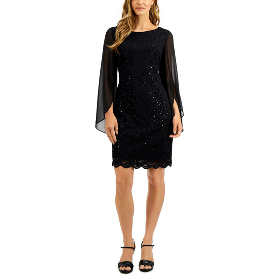 Flutter-Sleeve Sequined Lace Dress