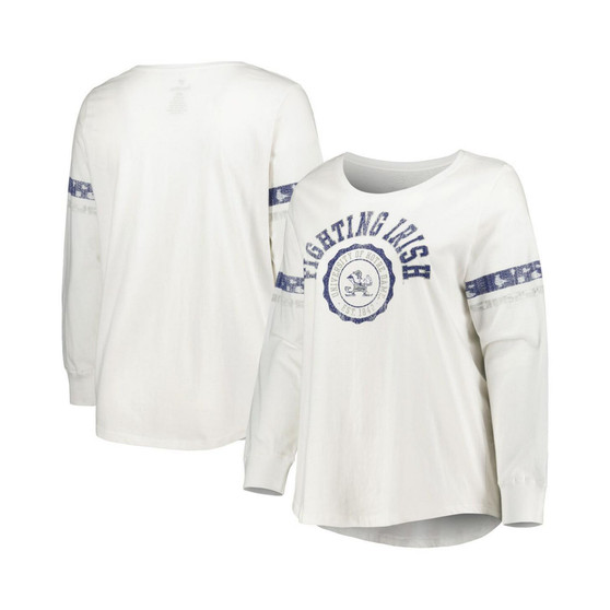 Women's White Notre Dame Fighting Irish Contrast Stripe Plus Size Scoop Neck Long Sleeve T-shirt