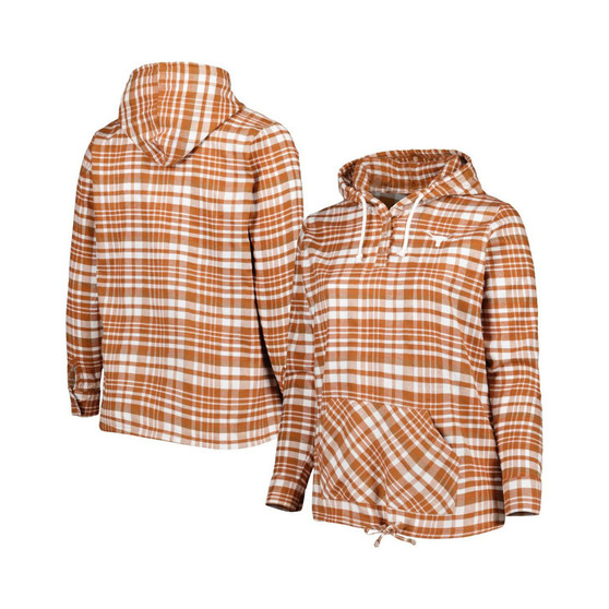 Women's Texas Orange, White Texas Longhorns Plus Size Mainstay Plaid Henley Raglan Pullover Hoodie