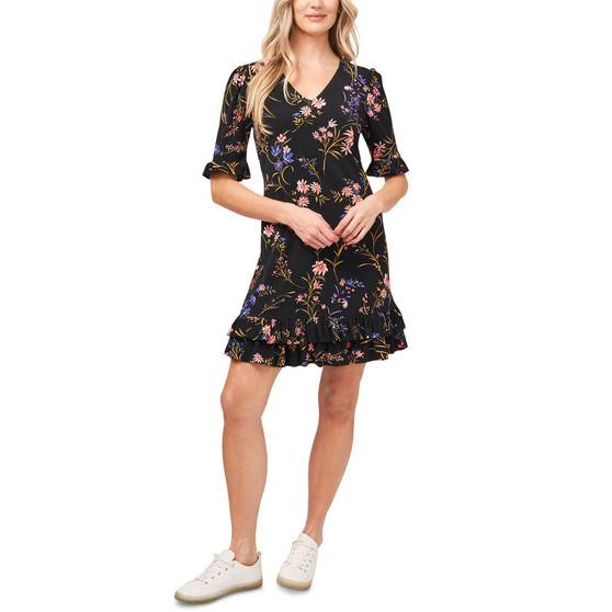 Women's Floral-Print Ruffled Short Sleeve V-Neck Dress