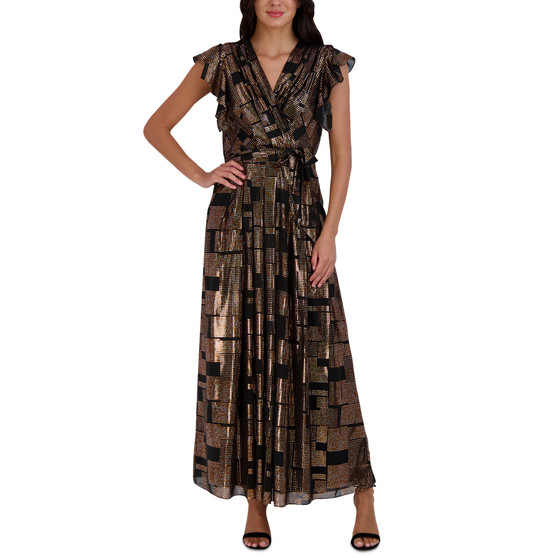Women's Metallic Flutter-Sleeve Maxi Dress