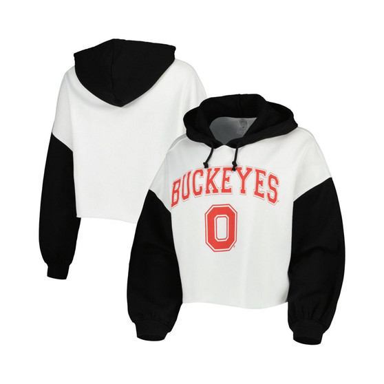Women's White, Black Ohio State Buckeyes Good Time Color Block Cropped Hoodie