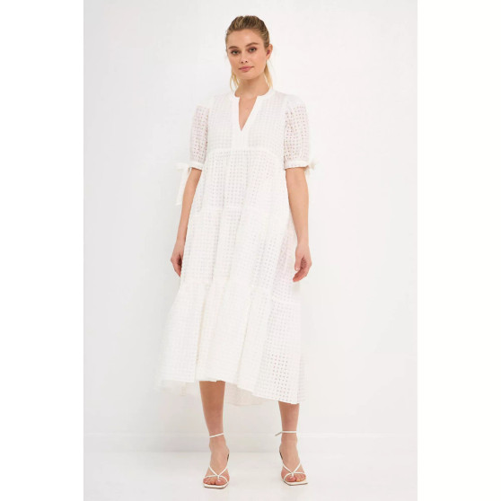 Women's Gingham Tiered Midi Dress with Bow Tie Sleeves