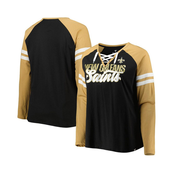 Women's Branded Black, Vegas Gold New Orleans Saints Plus Size True to Form Lace-Up V-Neck Raglan Long Sleeve T-shirt