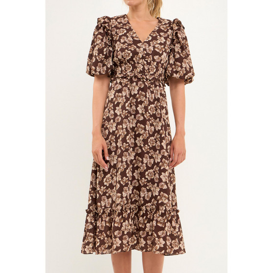 Women's Crinked Floral Puff Sleeve Maxi Dress