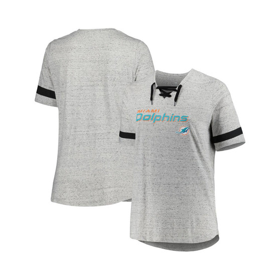 Women's Heather Gray Miami Dolphins Plus Size Lace-Up V-Neck T-shirt