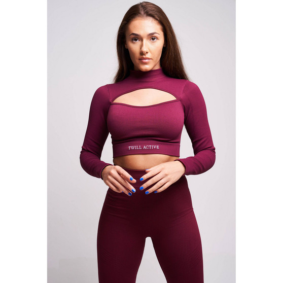 Women's Viyella Recycled Rib High Neck Long Sleeve Crop Top - Burgundy