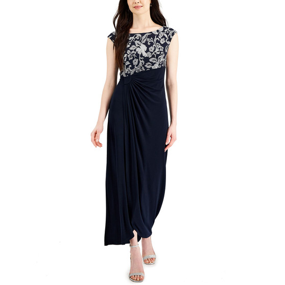 Embroidered Cap-Sleeve Gown