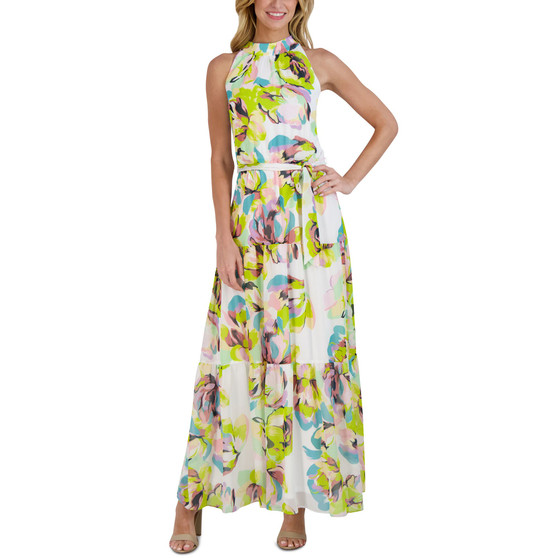 Mock-Neck Tiered Printed Chiffon Maxi Dress
