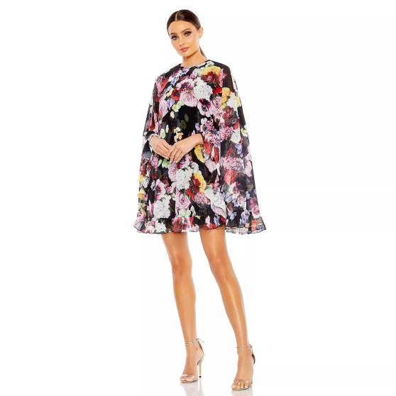 Women's Ieena Floral Print High Neck Ruffle Hem Cape Mini Dress