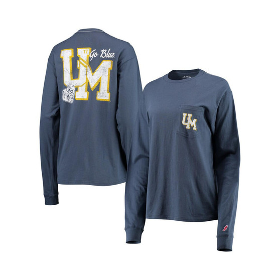 Women's Navy Michigan Wolverines Pocket Oversized Long Sleeve T-shirt