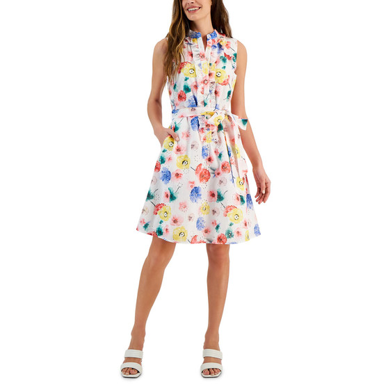 Women's Floral-Print Eyelet Sleeveless Shirtdress