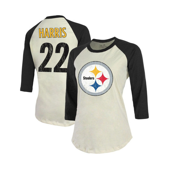 Women's Threads Najee Harris Cream, Black Pittsburgh Steelers Player Name and Number Raglan 3/4-Sleeve T-shirt