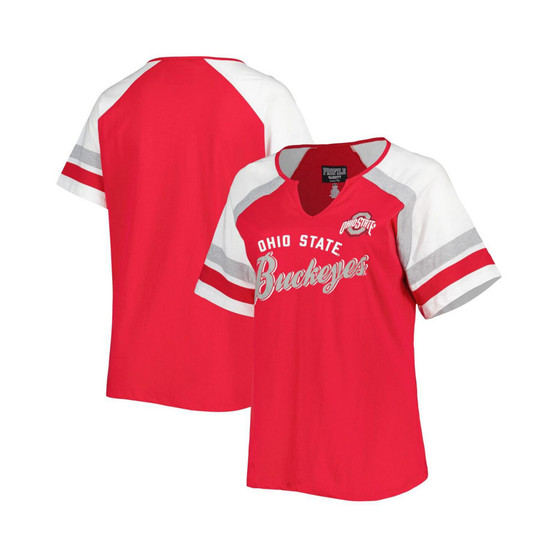 Women's Scarlet Ohio State Buckeyes Plus Size Arch Raglan Notch Neck T-shirt